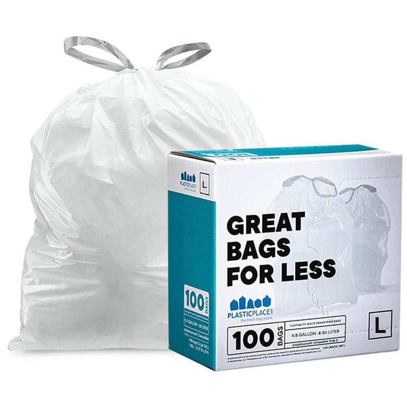 Plasticplace Custom Fit Trash Bags, Compatible with Simplehuman Code L (100 Count) White Drawstring Garbage Liners 4.8 Gallon / 18 Liters, 16.75"" x 24.5"" - Image 1